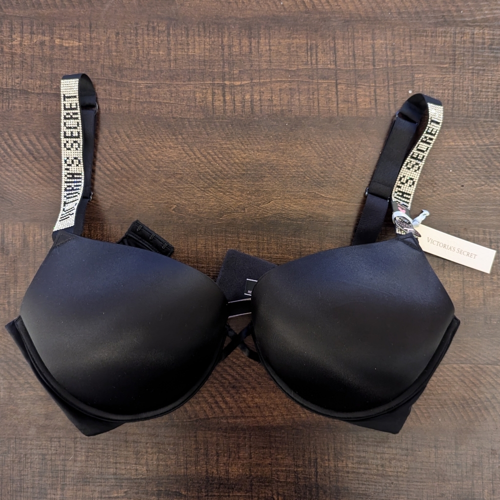 Victoria's Secret Shine Strap Bombshell Add-2-Cups Push Up Bra. Black. New. 36DD